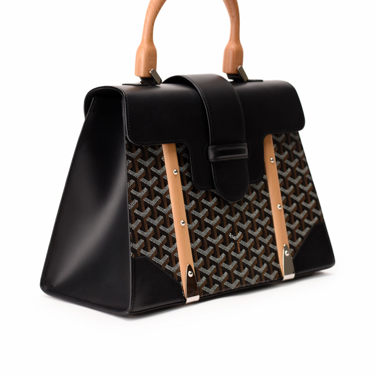 Black leather and Goyard monogram canvas handbag with tan leather accents, curated Pre-loved Luxury by Myluxe in Helsinki.