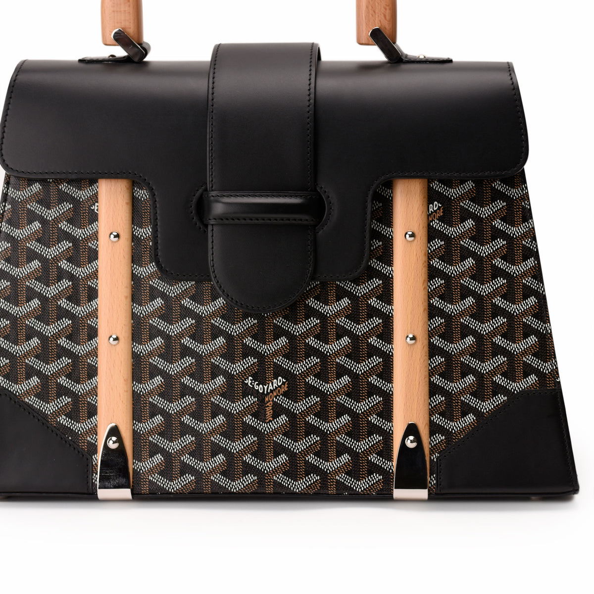 Black leather and Goyard monogram canvas handbag with light wood accents, curated Pre-loved Luxury by Myluxe in Helsinki.
