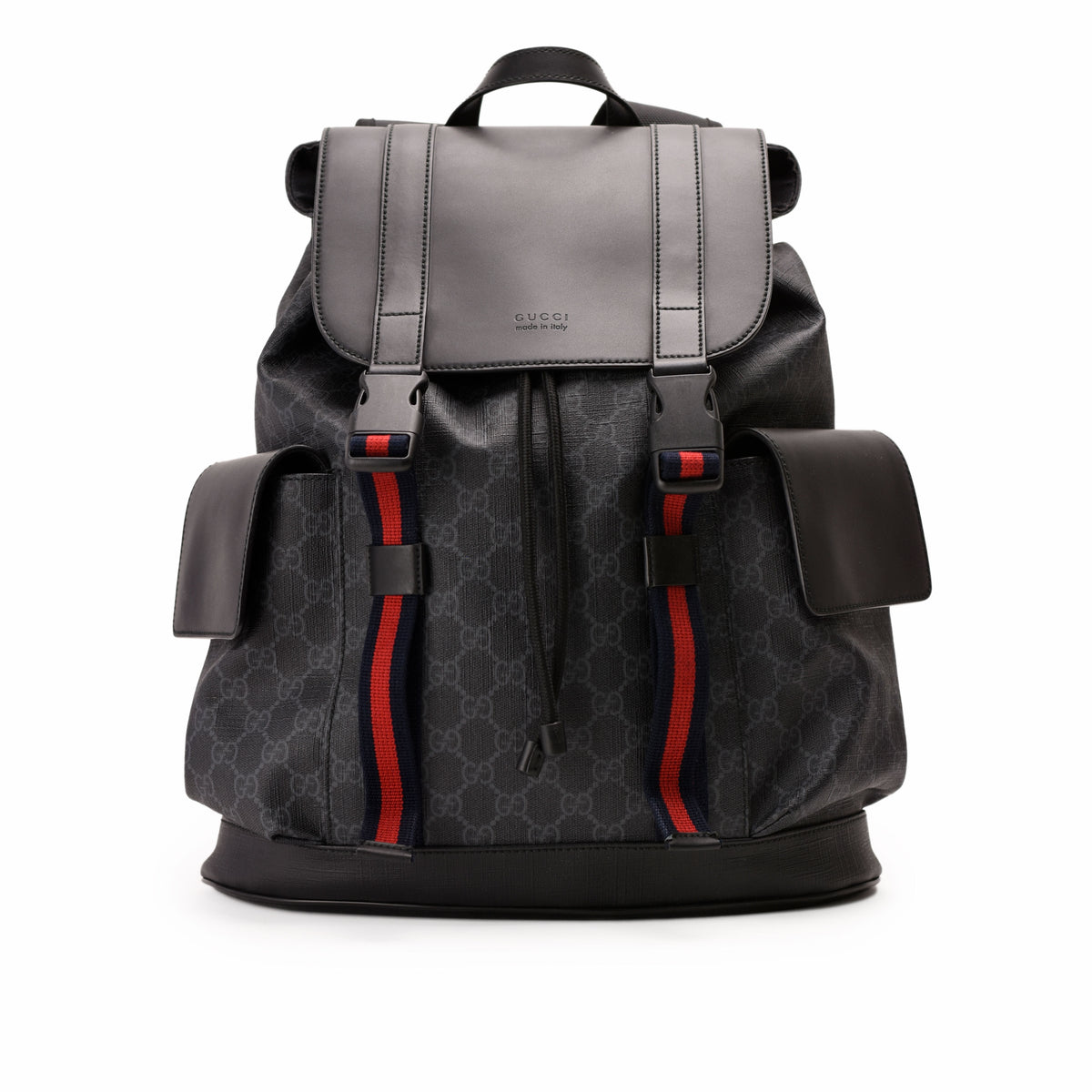 Black Gucci GG Supreme canvas backpack with red and blue web stripe details, curated Pre-loved Luxury by Myluxe in Helsinki.