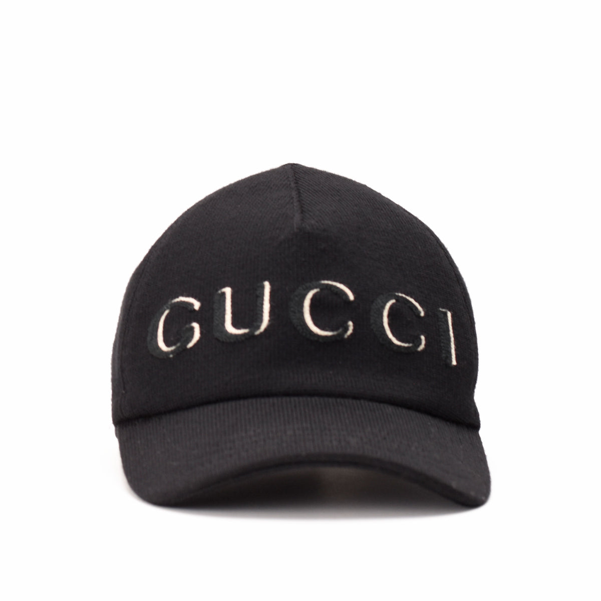 Black Gucci knit baseball cap with cream logo embroidery, curated Pre-loved Luxury by Myluxe in Helsinki.