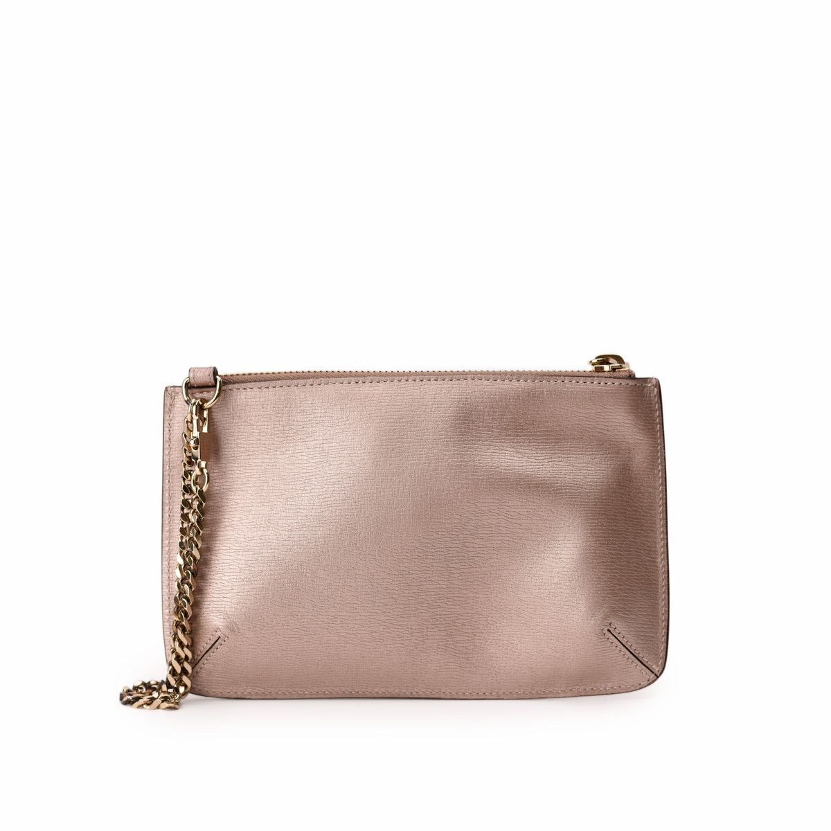 Metallic rose gold leather clutch with gold chain strap. curated Pre-loved Luxury by Myluxe in Helsinki.