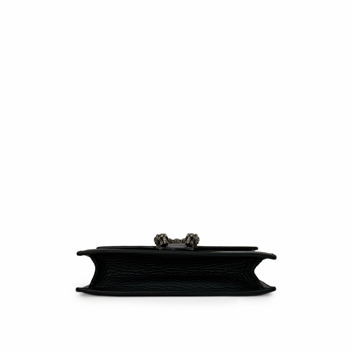 Black grained leather clutch with ornate silver-tone metal clasp, curated Pre-loved Luxury by Myluxe in Helsinki.