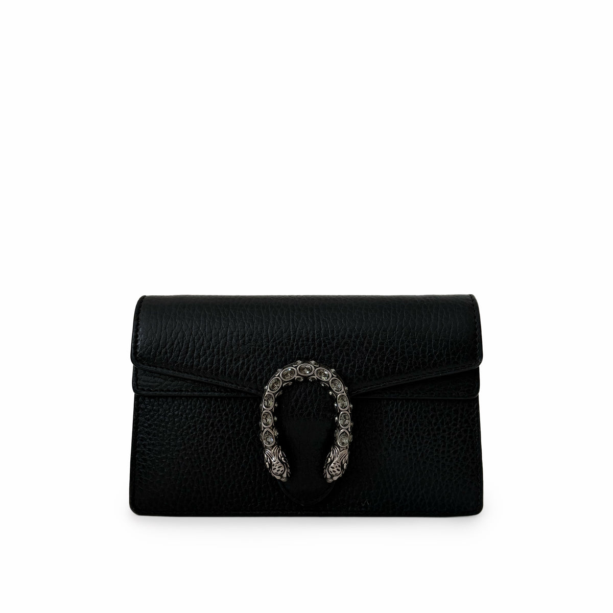 Black grained leather clutch with ornate silver horseshoe buckle, curated Pre-loved Luxury by Myluxe in Helsinki.