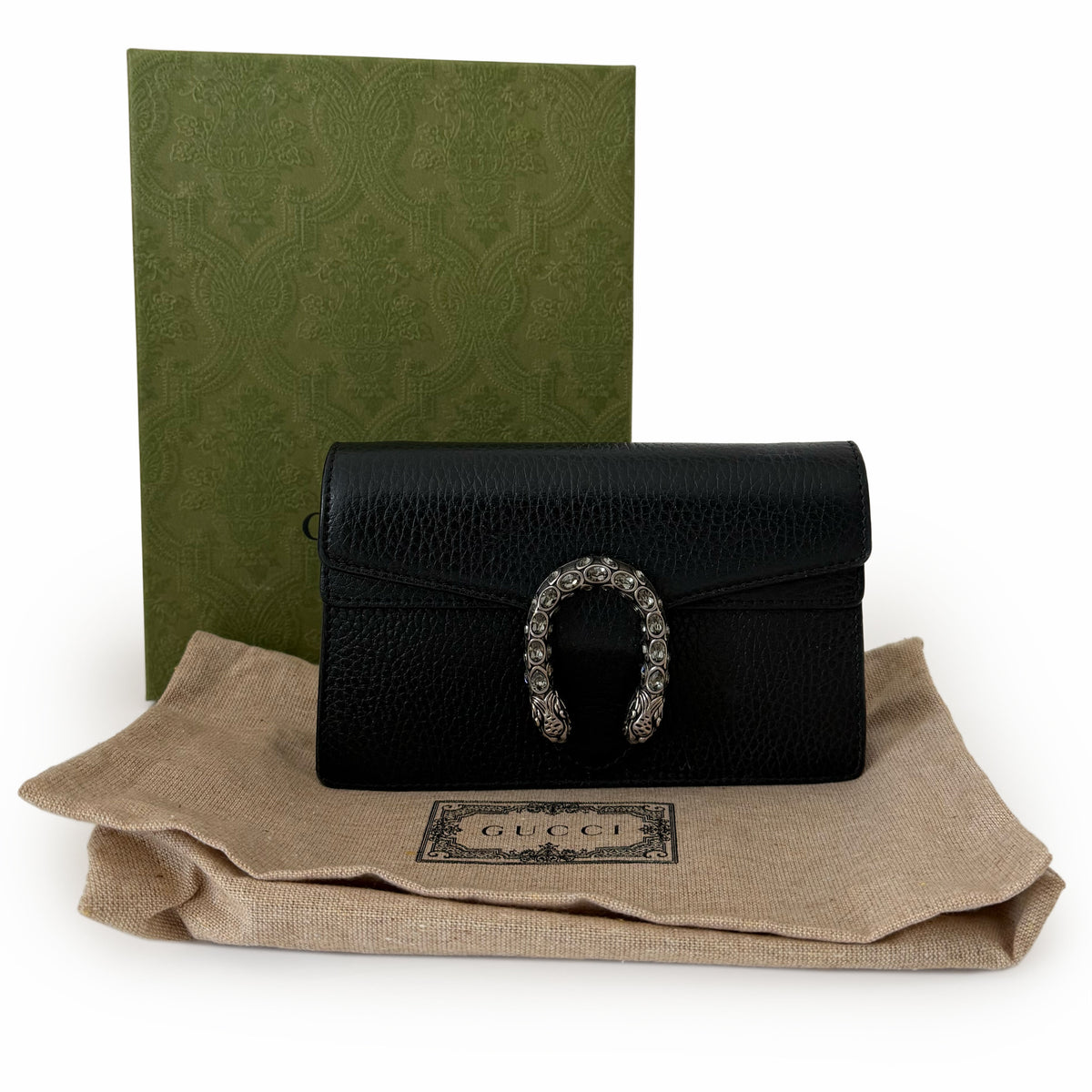 Black grained leather Gucci Dionysus clutch with silver horsebit detail, curated Pre-loved Luxury by Myluxe in Helsinki.