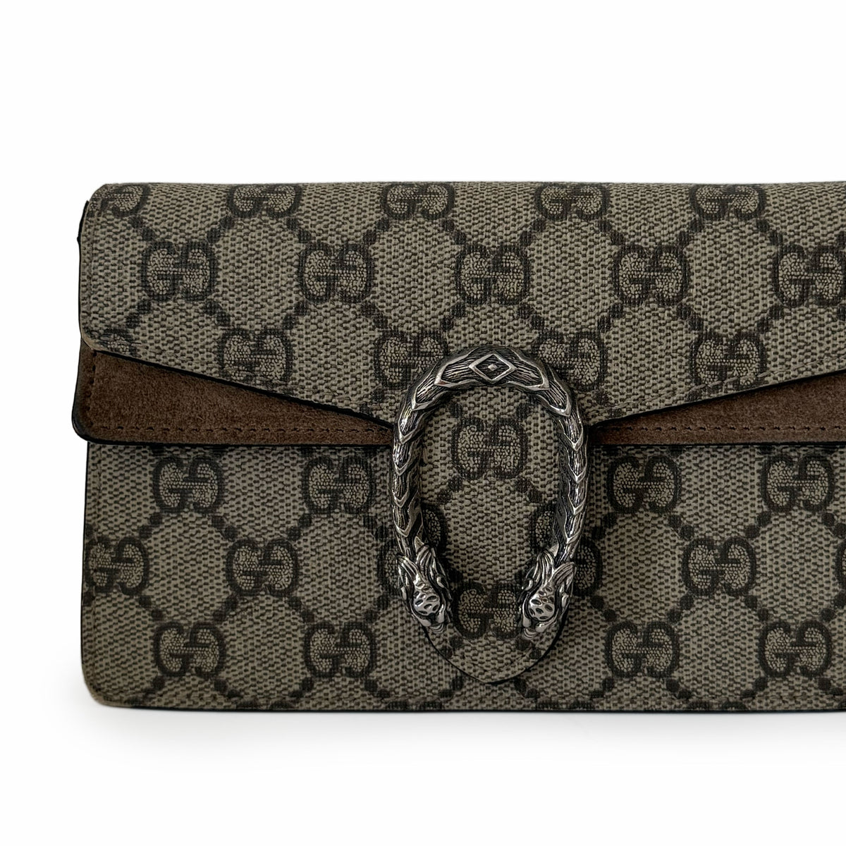 Gucci monogram GG canvas wallet with brown suede flap and silver horsebit hardware, curated Pre-loved Luxury by Myluxe in Helsinki.