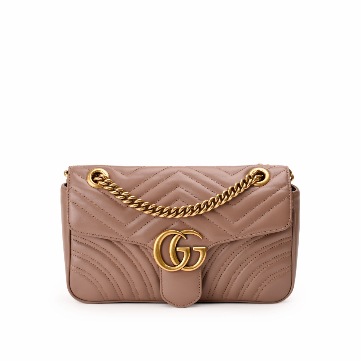 Taupe quilted leather Gucci GG Marmont shoulder bag with gold chain strap, curated Pre-loved Luxury by Myluxe in Helsinki.