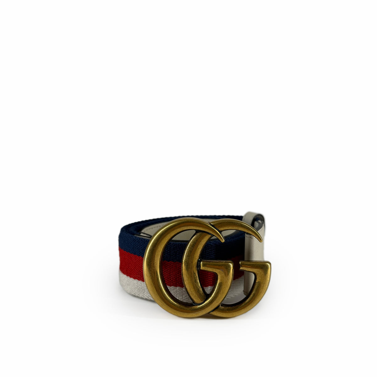 Gucci canvas belt with gold-tone GG buckle in navy, red, and white, curated Pre-loved Luxury by Myluxe in Helsinki.