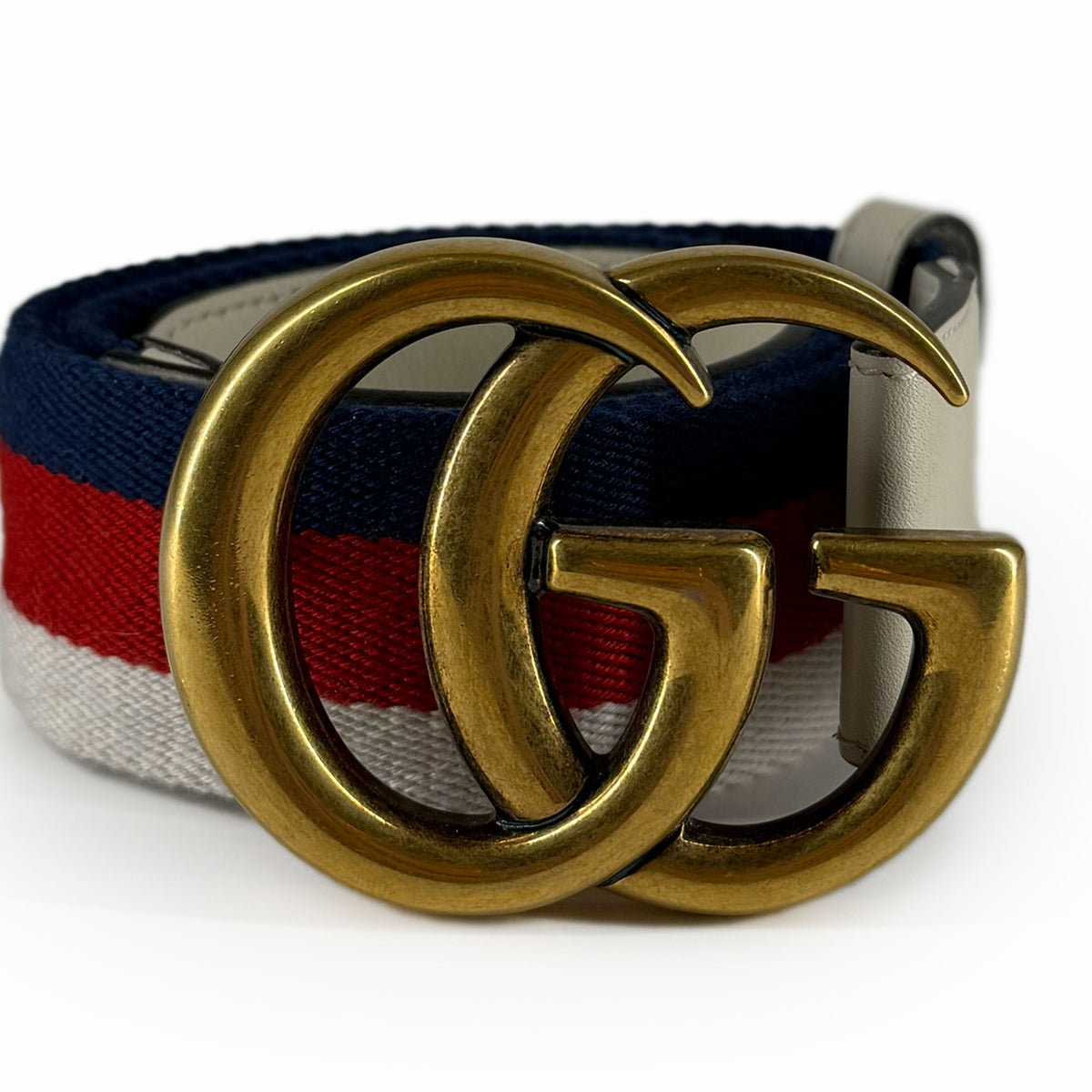 Gucci canvas belt with red and navy stripes and gold-tone GG buckle, curated Pre-loved Luxury by Myluxe in Helsinki.