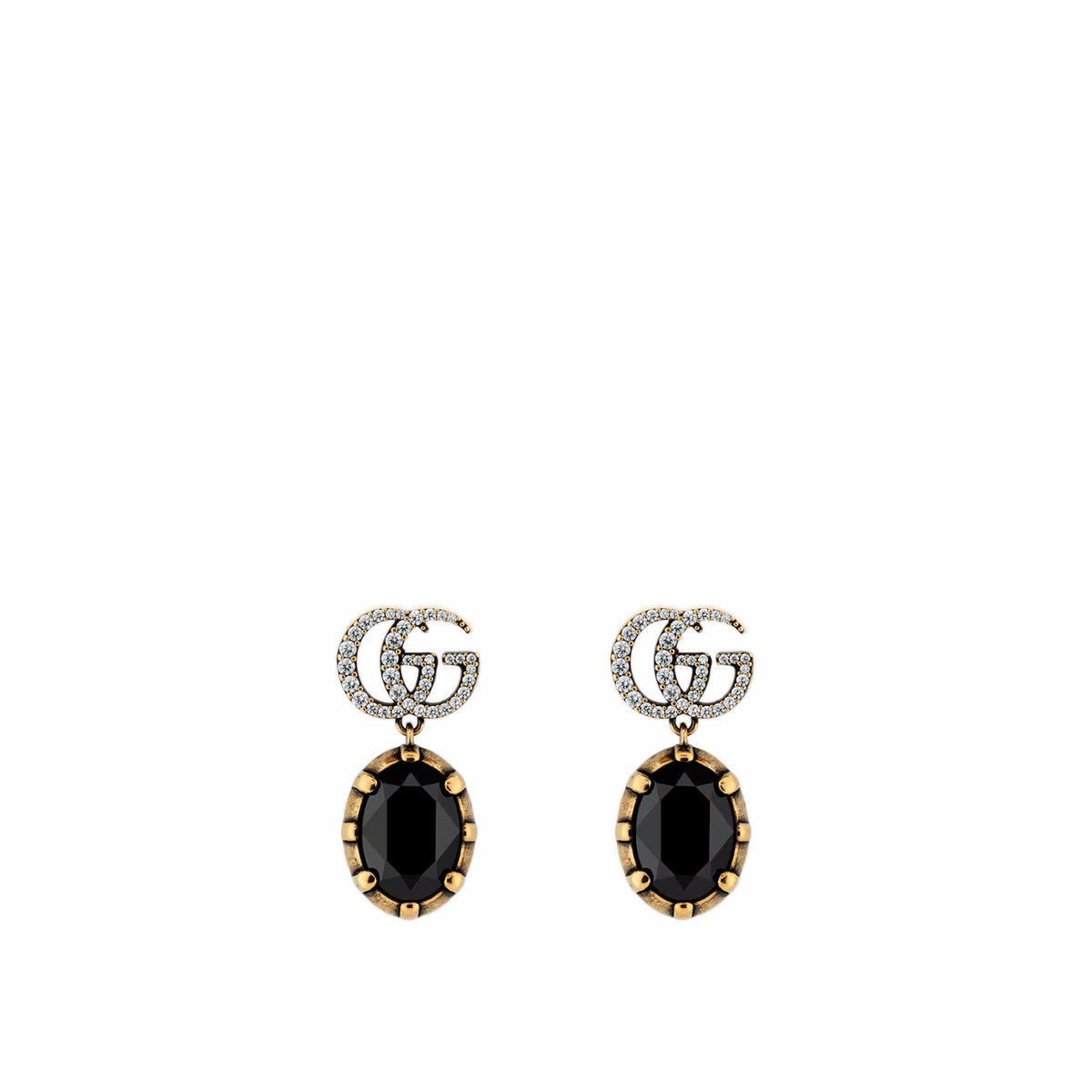Gucci gold earrings with diamond GG logo and oval black gemstones, curated Pre-loved Luxury by Myluxe in Helsinki.