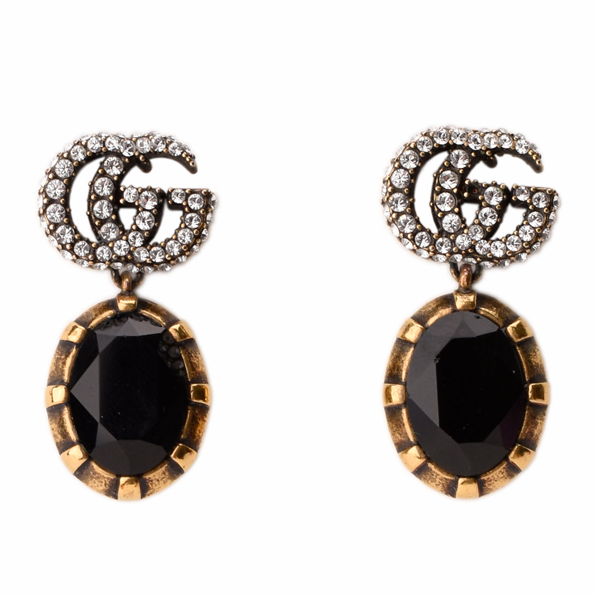Gucci earrings with crystal GG logo and black oval gemstones, curated Pre-loved Luxury by Myluxe in Helsinki.