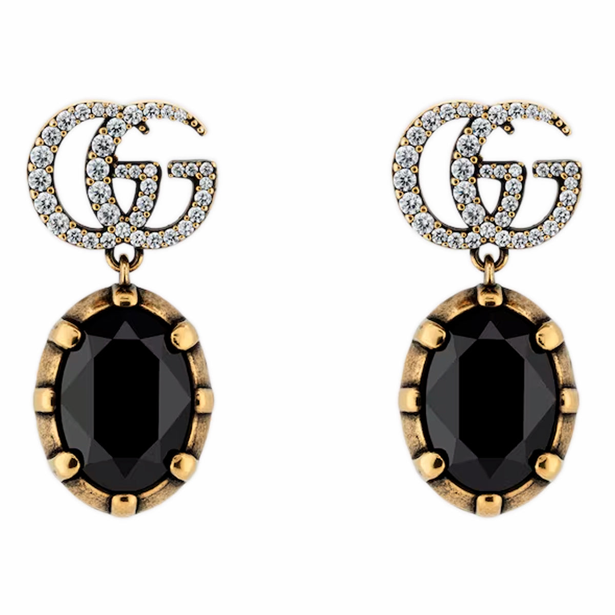 Gucci gold-tone earrings with crystal GG logo and black oval gemstones, curated Pre-loved Luxury by Myluxe in Helsinki.