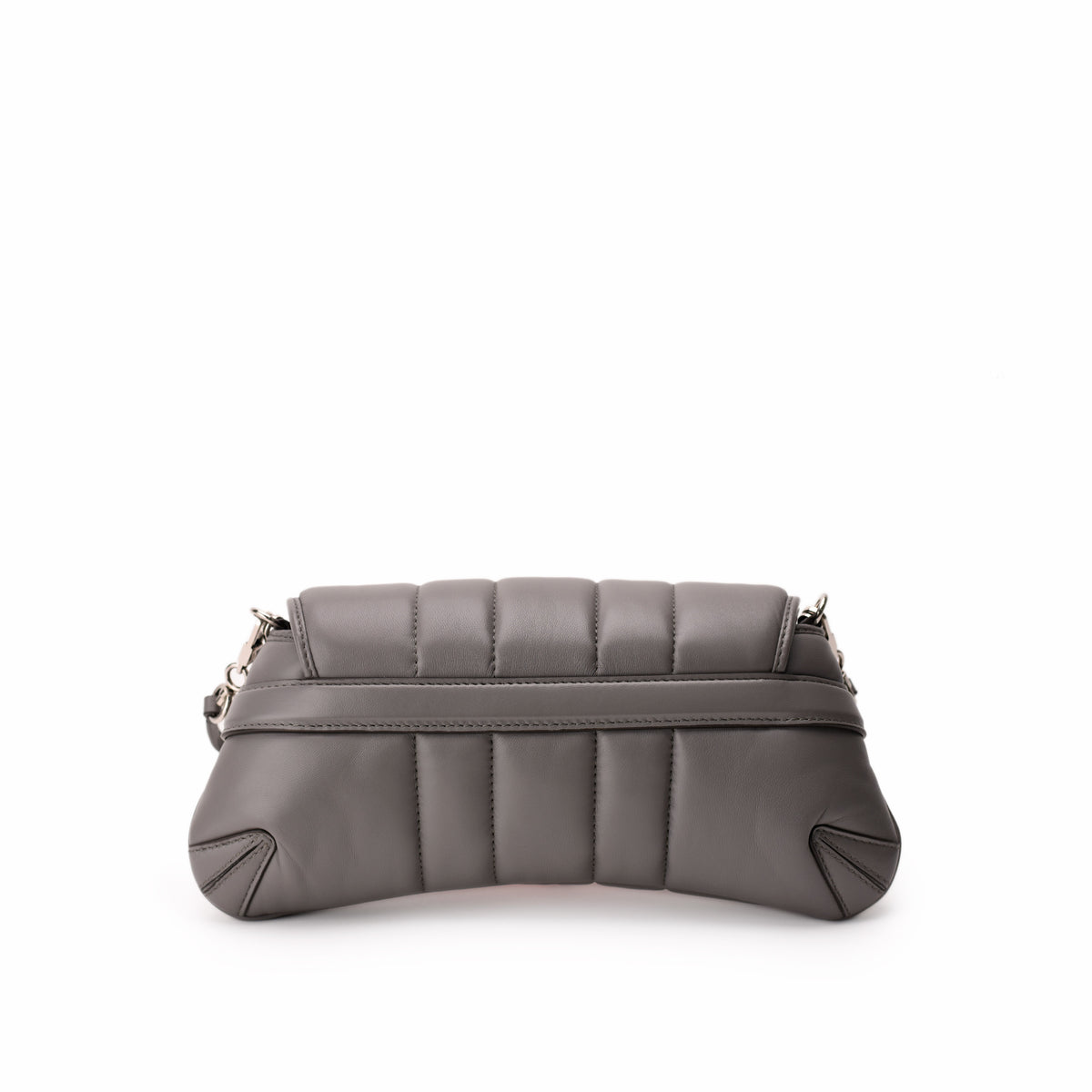 Grey quilted leather clutch bag with vertical stitching, curated Pre-loved Luxury by Myluxe in Helsinki.