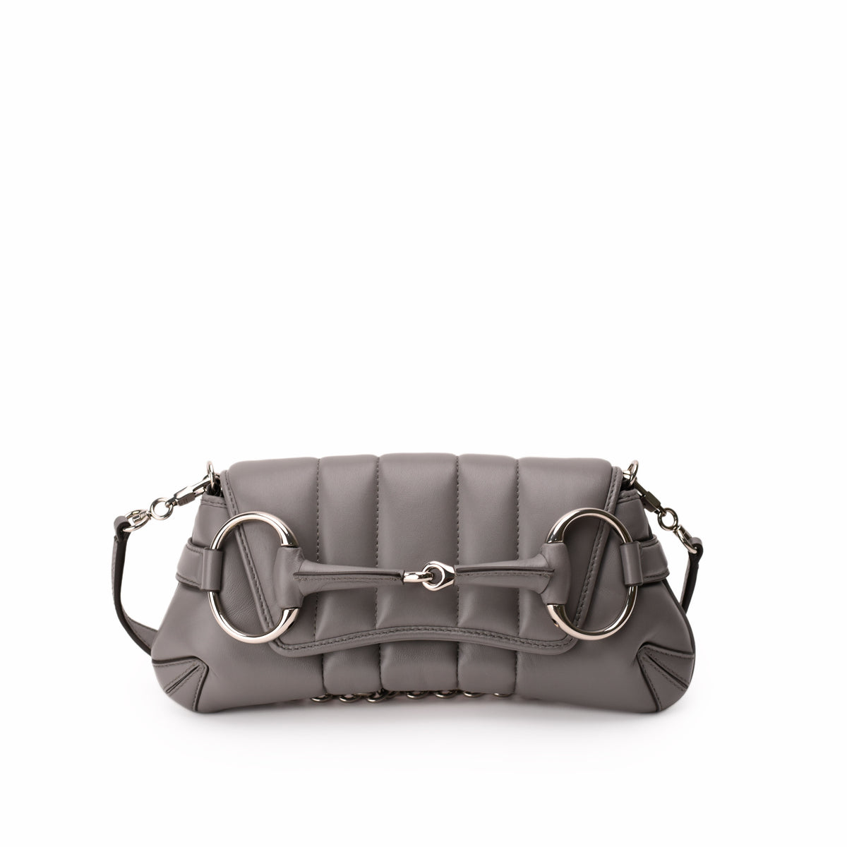 Grey quilted leather handbag with silver horsebit hardware, curated Pre-loved Luxury by Myluxe in Helsinki.