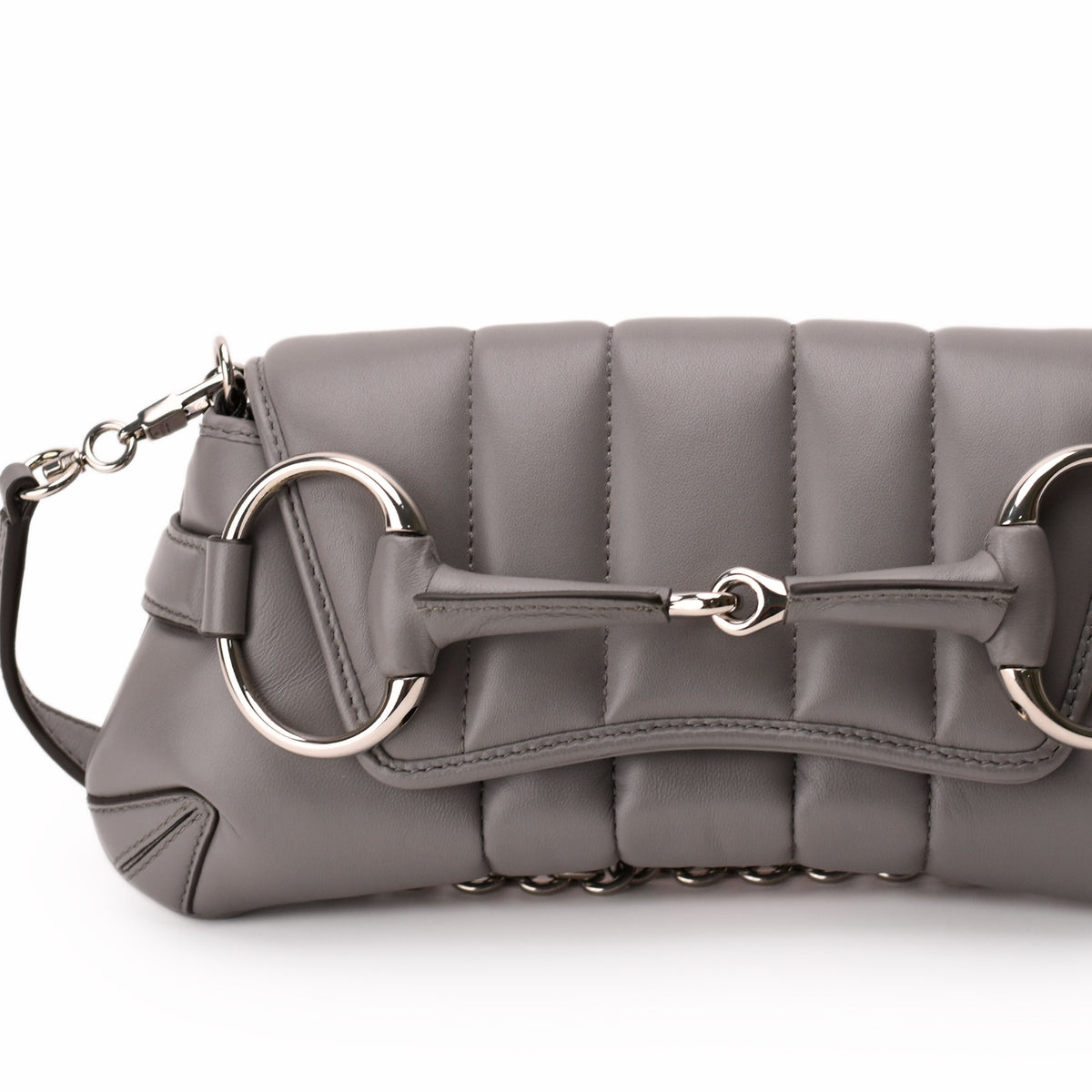 Grey quilted leather handbag with silver horsebit hardware, curated Pre-loved Luxury by Myluxe in Helsinki.