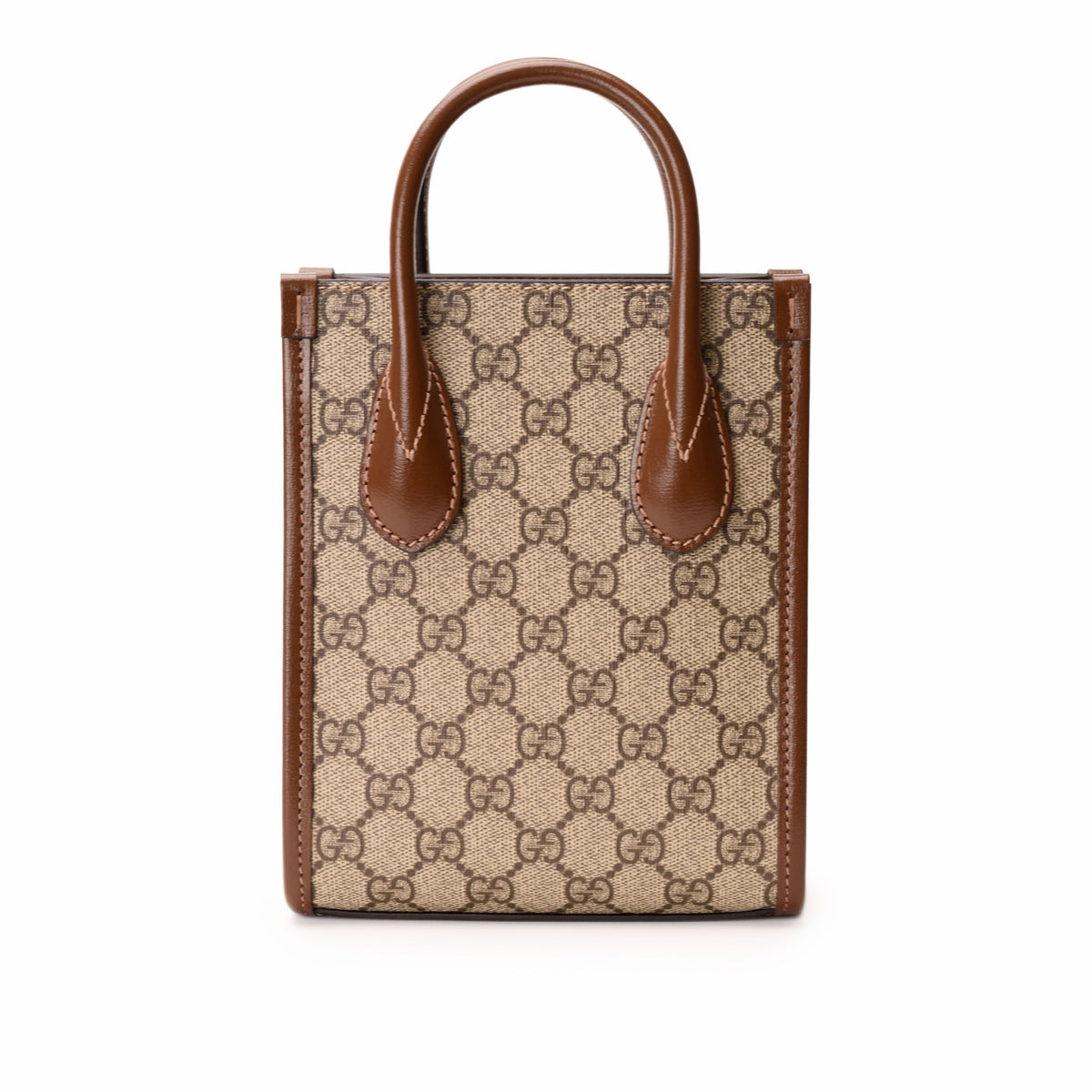 Gucci Interlocking G Mini Tote Bag in GG Supreme Canvas with leather handles and gold-tone hardware, stylish and compact accessory.