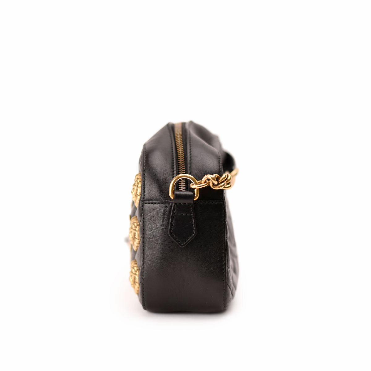 Black leather Chanel crossbody bag with gold-tone hardware. curated Pre-loved Luxury by Myluxe in Helsinki.