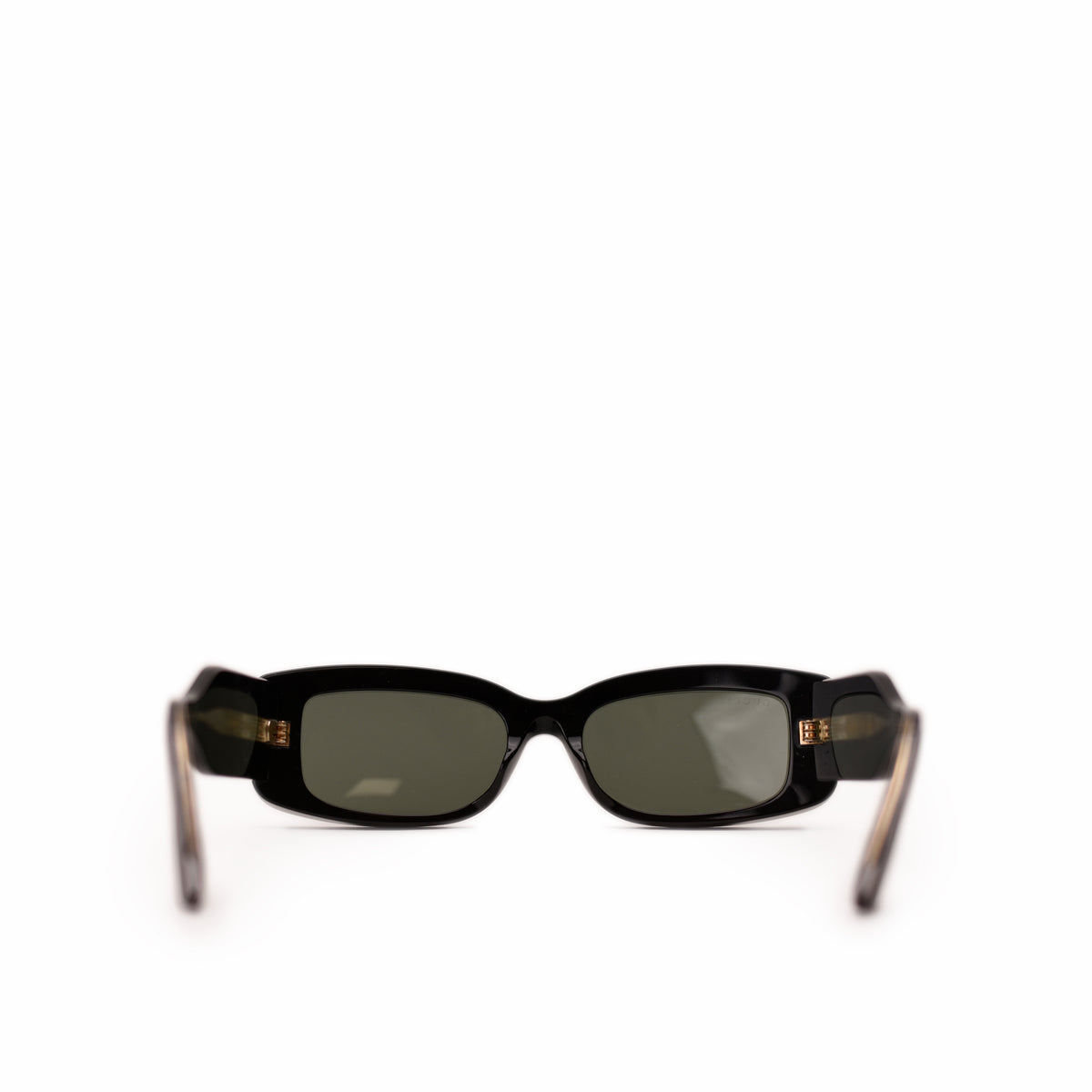 Black acetate rectangular sunglasses with dark tinted lenses, curated Pre-loved Luxury by Myluxe in Helsinki.