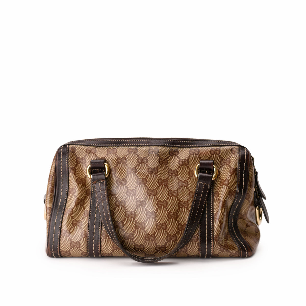 Brown Gucci monogram canvas duffle bag with leather trim, curated Pre-loved Luxury by Myluxe in Helsinki.