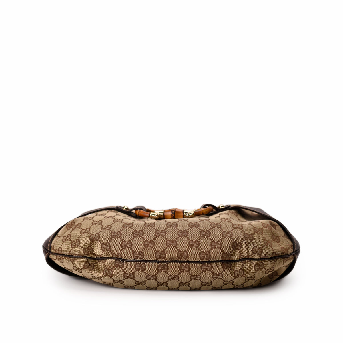 Gucci monogram canvas handbag with dark brown bamboo handle. curated Pre-loved Luxury by Myluxe in Helsinki.