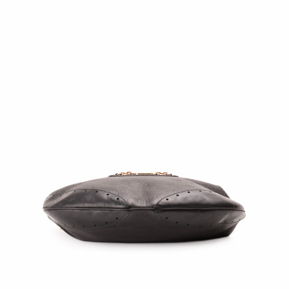 Black leather designer shoulder bag with subtle embossed pattern, curated Pre-loved Luxury by Myluxe in Helsinki.