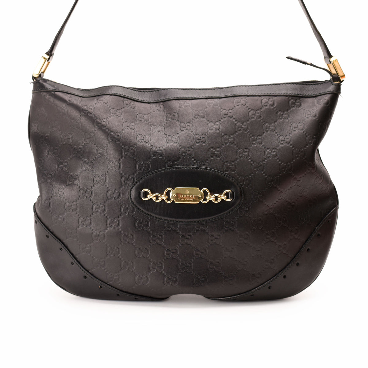 Black monogrammed leather Gucci hobo bag with gold-tone hardware, curated Pre-loved Luxury by Myluxe in Helsinki.