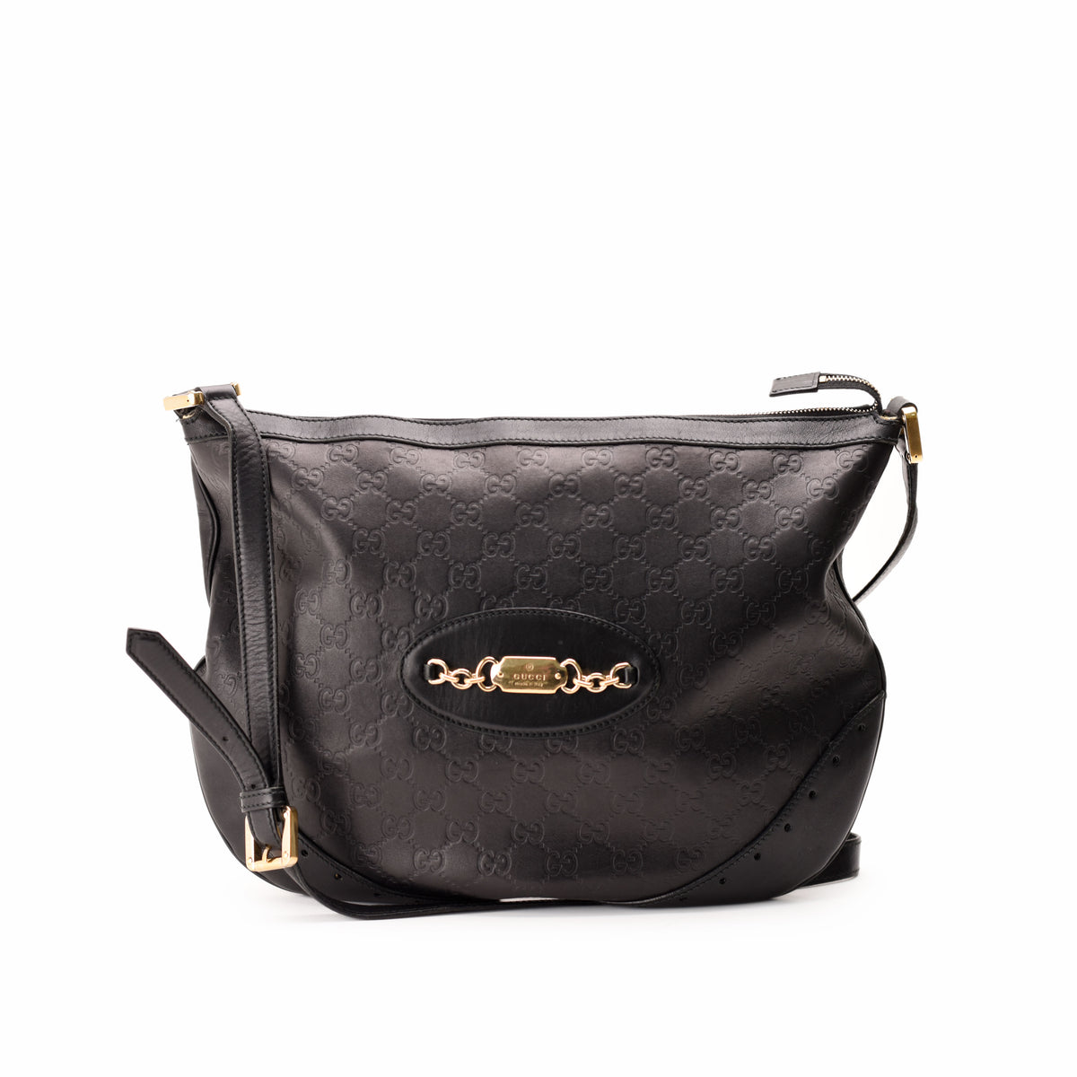 Black monogrammed leather Gucci shoulder bag with gold-tone hardware, curated Pre-loved Luxury by Myluxe in Helsinki.