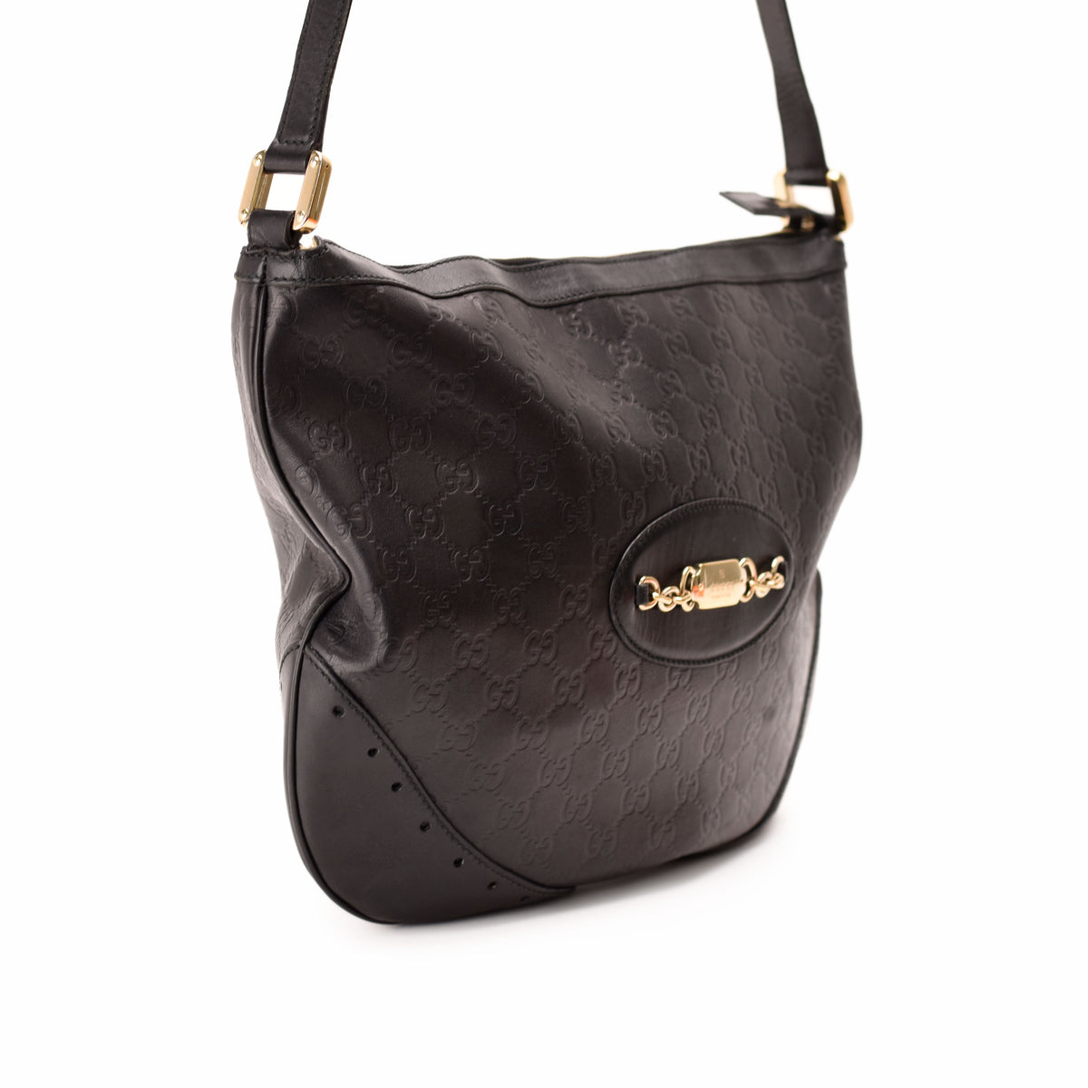 Black monogrammed leather Gucci hobo bag with gold-tone hardware, curated Pre-loved Luxury by Myluxe in Helsinki.