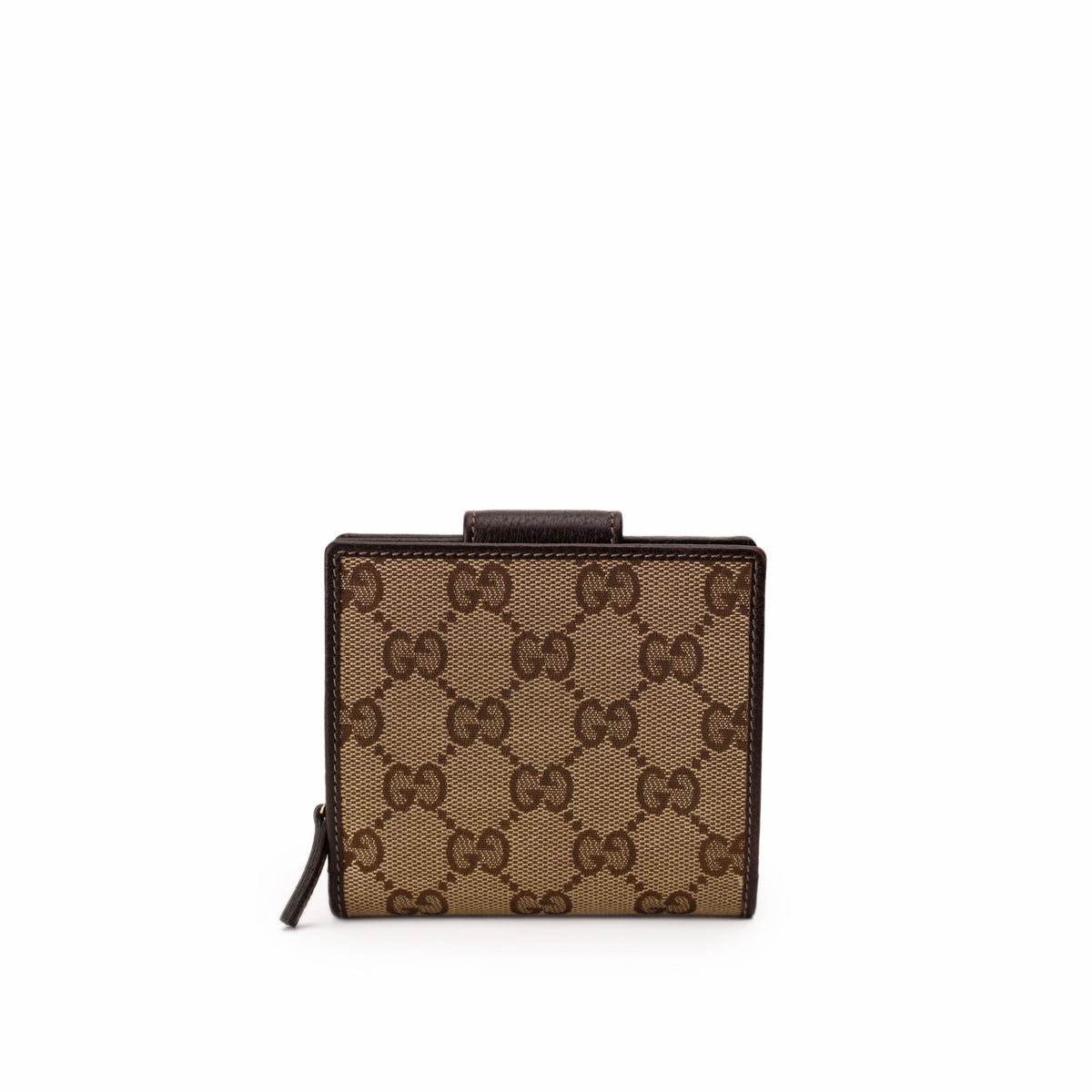 Brown Gucci monogram canvas compact wallet with zip closure, curated Pre-loved Luxury by Myluxe in Helsinki.