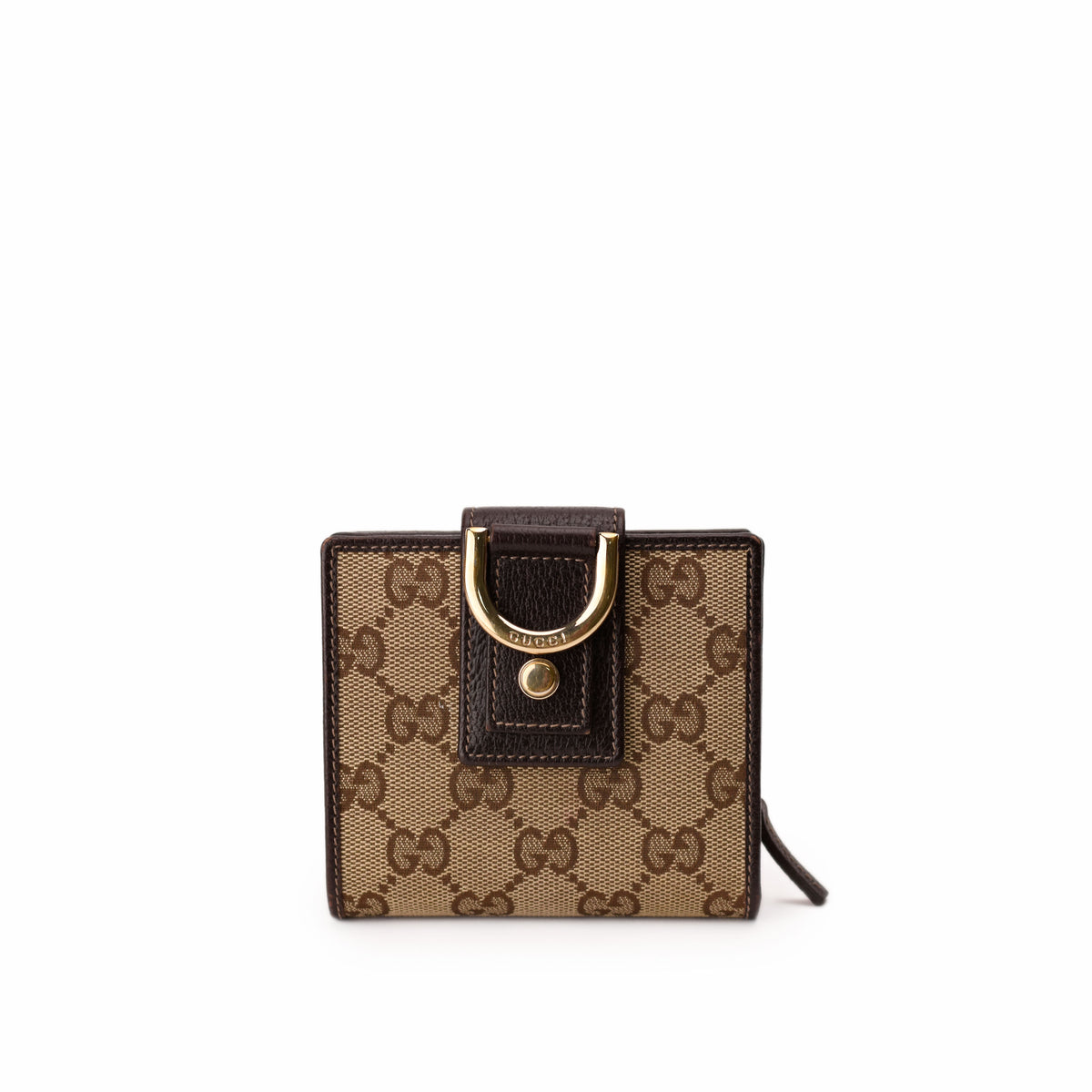Brown Gucci GG Supreme canvas wallet with gold-tone hardware, curated Pre-loved Luxury by Myluxe in Helsinki.