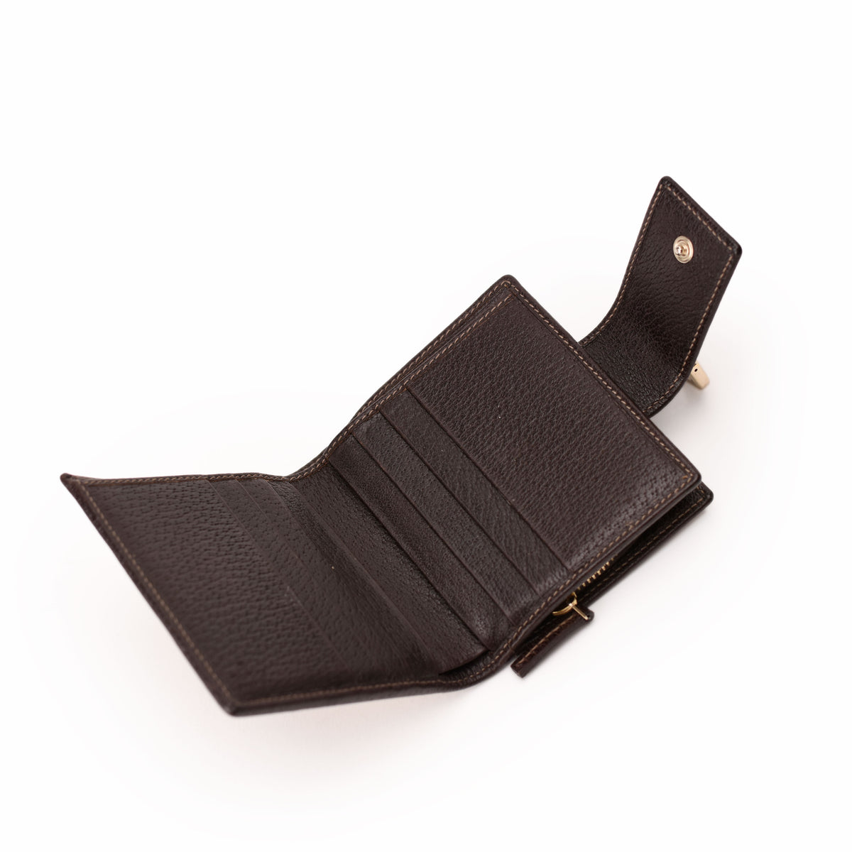 Dark brown grained leather wallet with multiple card slots. curated Pre-loved Luxury by Myluxe in Helsinki.