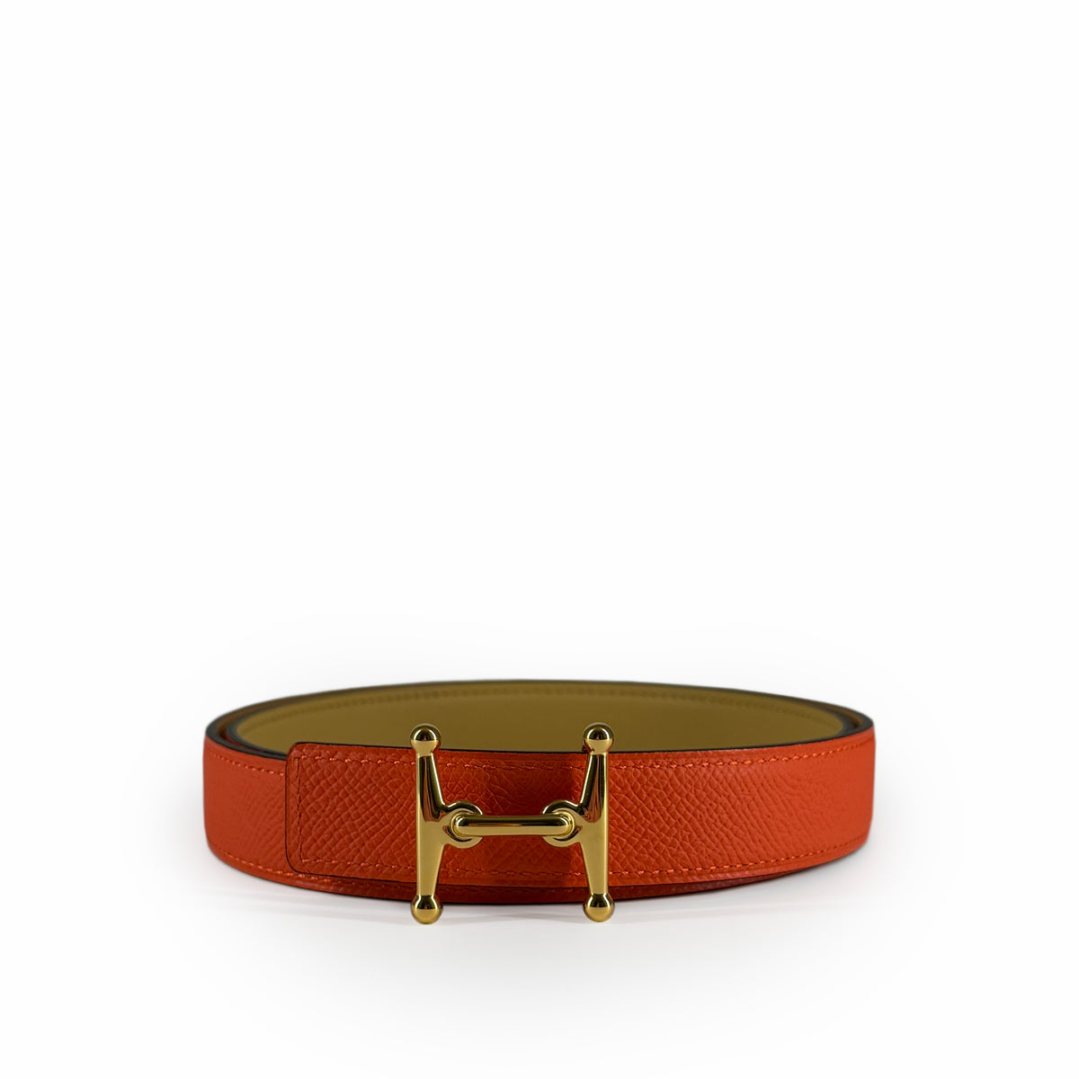 Orange Togo leather belt with gold-tone H-shaped buckle, curated Pre-loved Luxury by Myluxe in Helsinki.