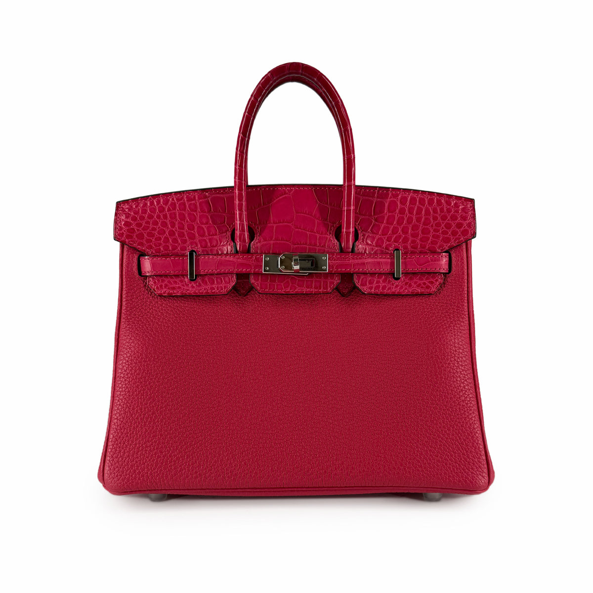 Hermès Birkin 25 Framboise Touch PHW leather handbag with top handles and gold hardware, showcasing luxurious craftsmanship.