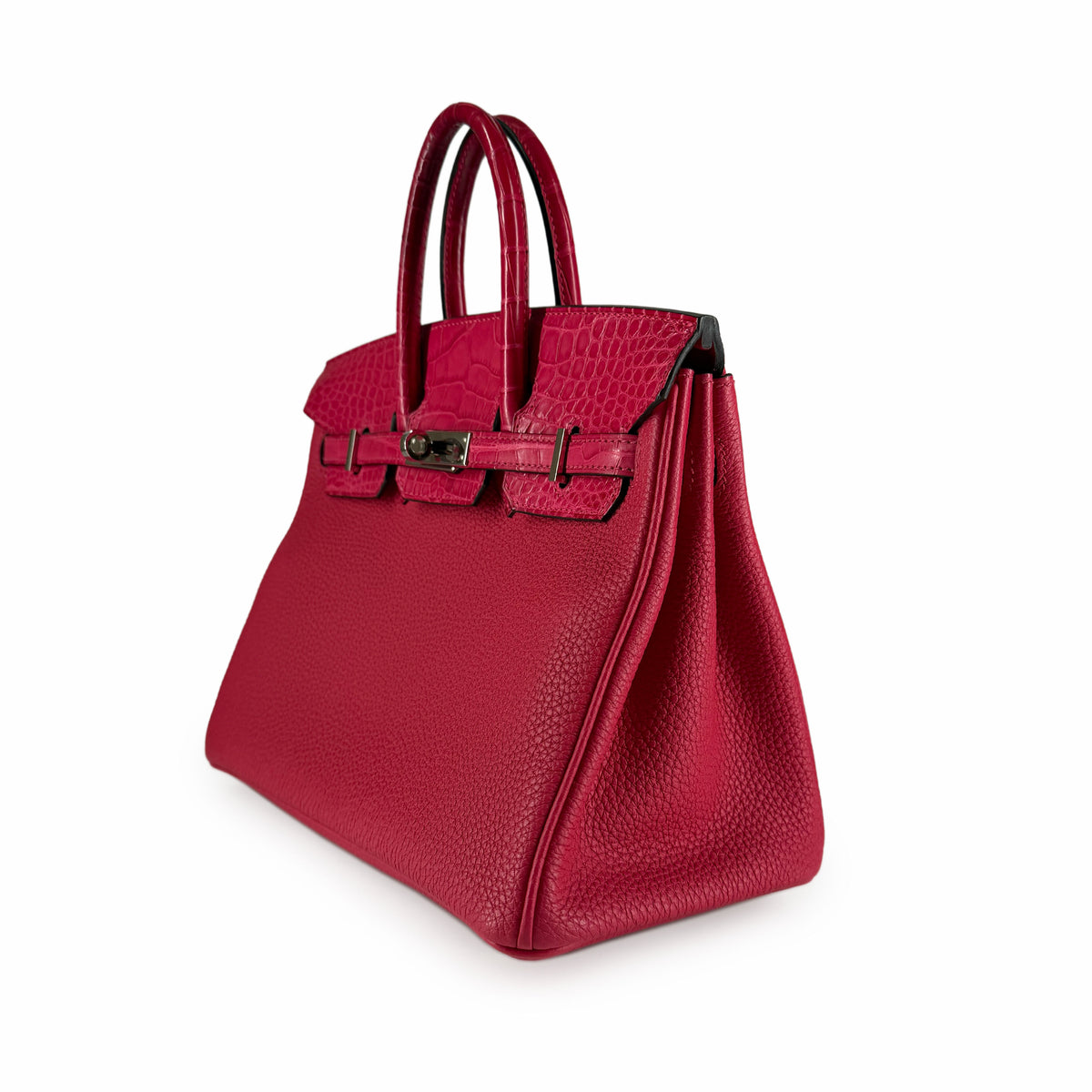 Hermès Birkin 25 handbag in Framboise Touch leather with PHW gold hardware, showcasing its elegant design and luxurious finish.