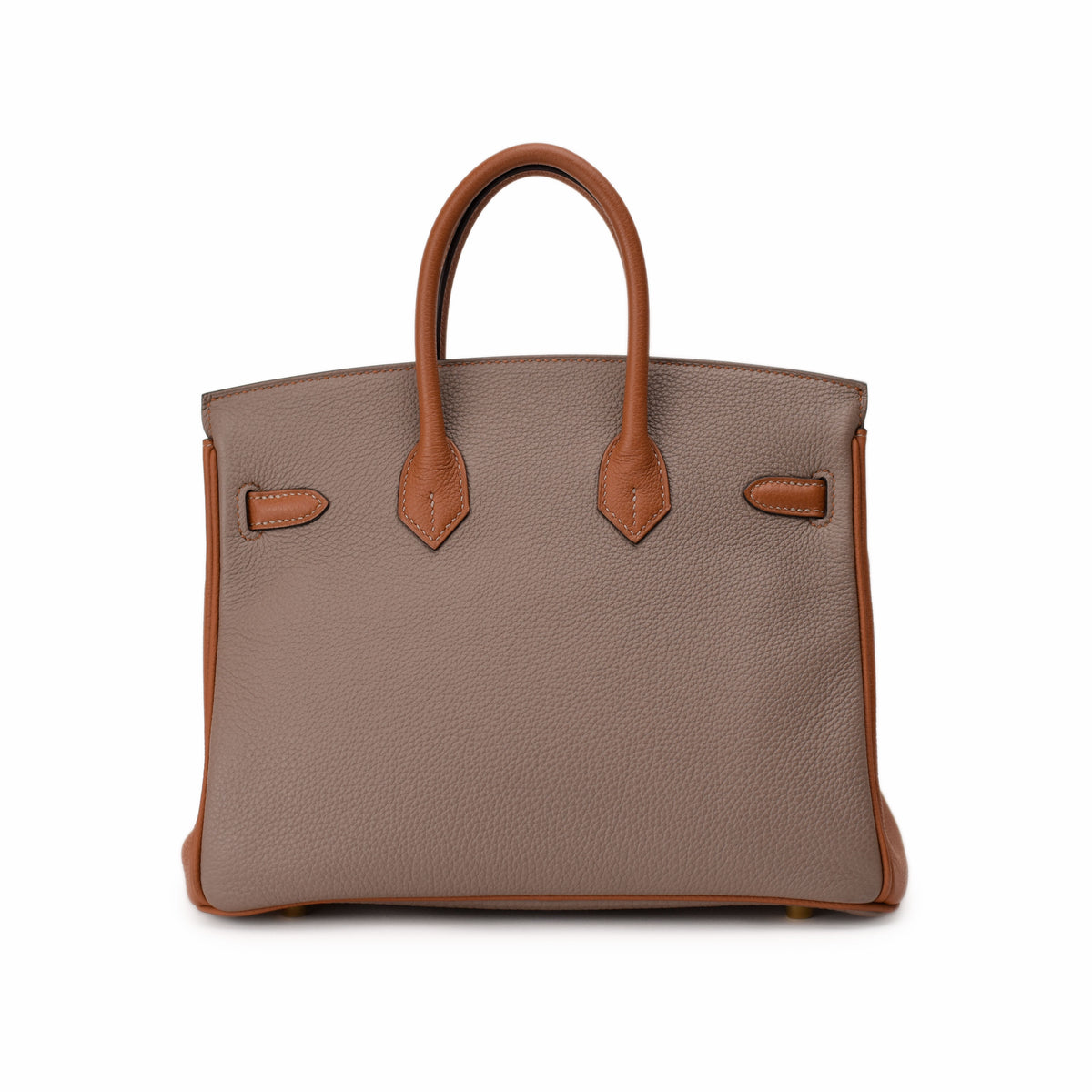 Taupe grained leather Hermès Birkin bag with brown leather handles, curated Pre-loved Luxury by Myluxe in Helsinki.