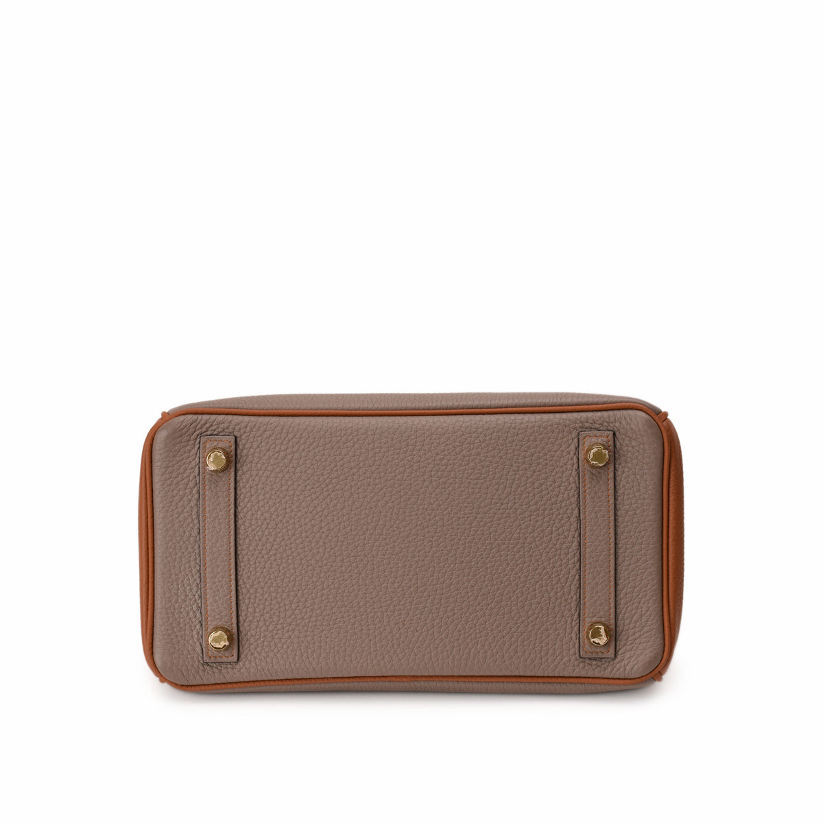 Bottom view of a taupe grained leather handbag with gold hardware, curated Pre-loved Luxury by Myluxe in Helsinki.