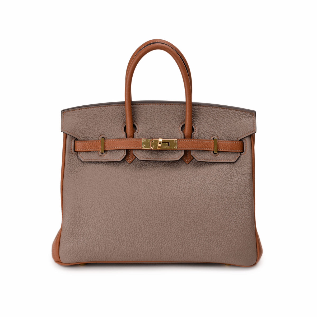 Taupe grained leather Hermès Birkin bag with tan leather straps, curated Pre-loved Luxury by Myluxe in Helsinki.