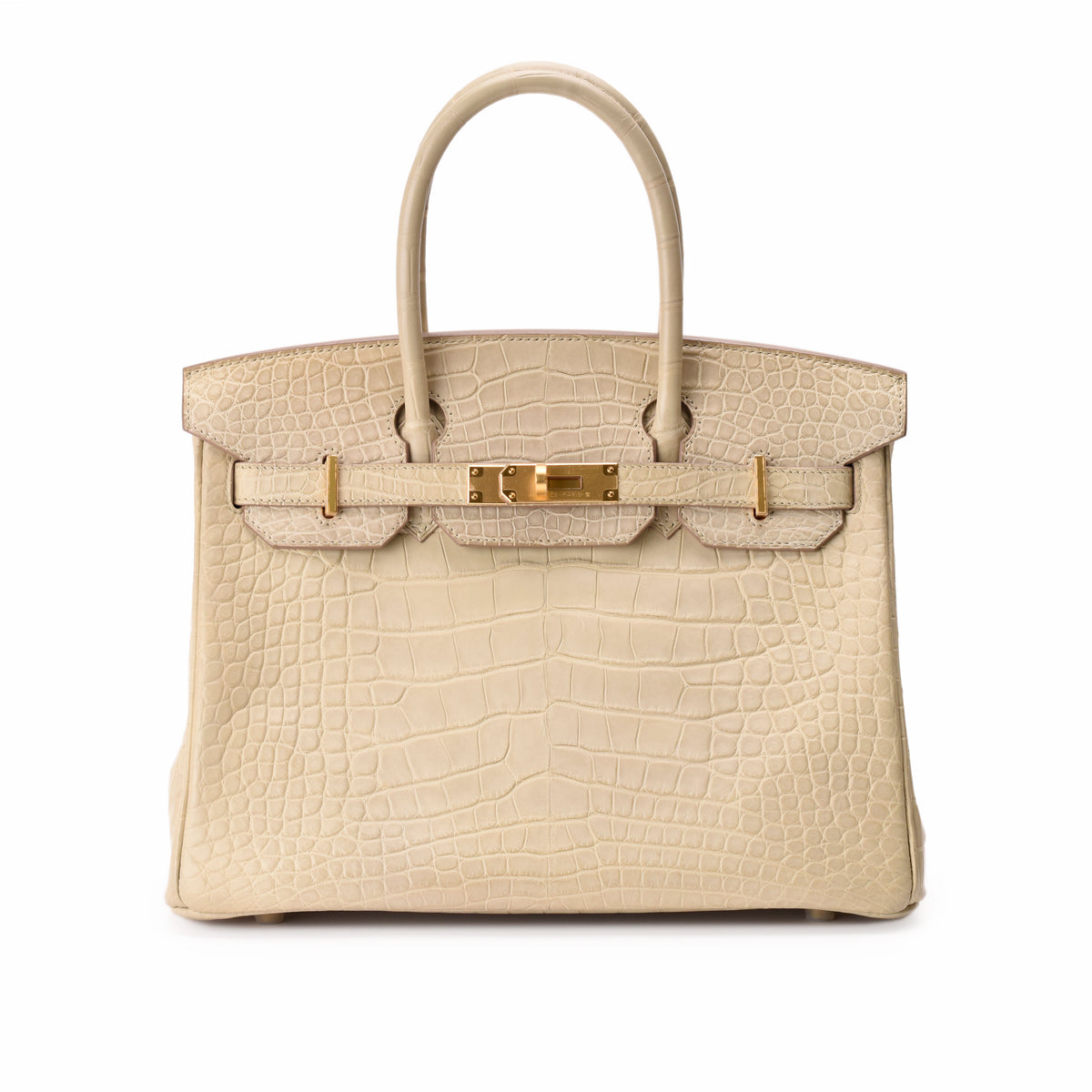 Cream crocodile leather luxury handbag with gold hardware, curated Pre-loved Luxury by Myluxe in Helsinki.