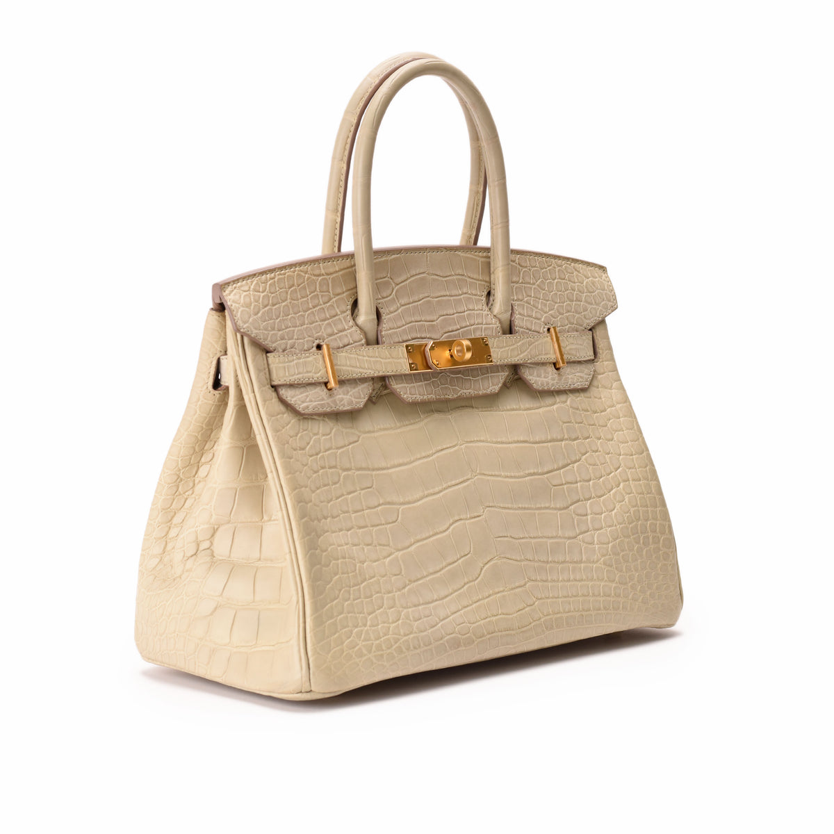 Cream crocodile-embossed leather handbag with gold hardware, curated Pre-loved Luxury by Myluxe in Helsinki.