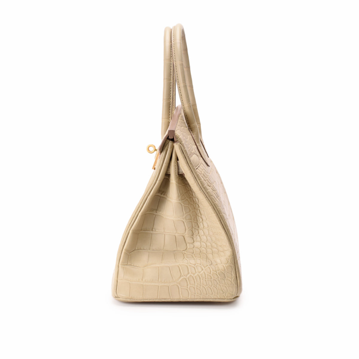 Beige crocodile-embossed leather handbag with top handles, curated Pre-loved Luxury by Myluxe in Helsinki.