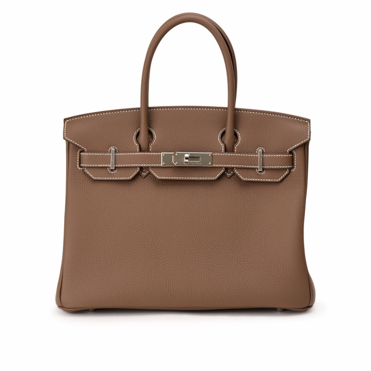 Hermès Birkin 30 Etoupe Togo leather handbag with palladium hardware, showcasing its structured shape and elegant design.