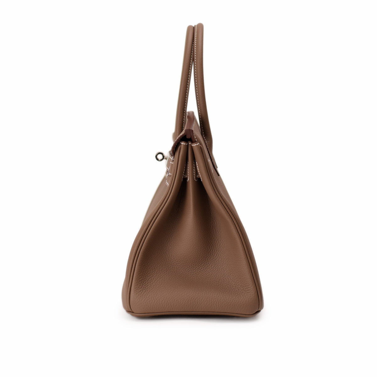 Hermès Birkin 30 Togo leather bag in Etoupe with palladium hardware, featuring a structured silhouette and top handle design.