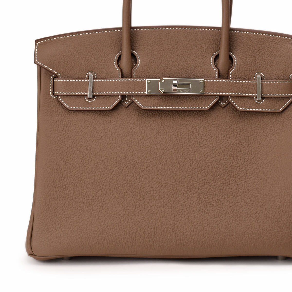 Hermès Birkin 30 Etoupe Togo leather handbag with polished palladium hardware, showcasing its elegant design and luxurious craftsmanship.