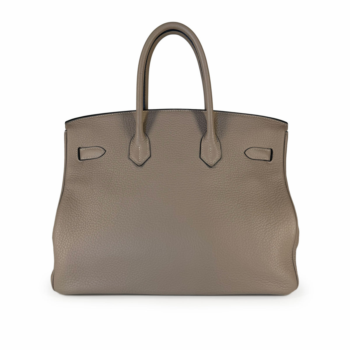 Taupe pebbled leather tote handbag with dual top handles, curated Pre-loved Luxury by Myluxe in Helsinki.