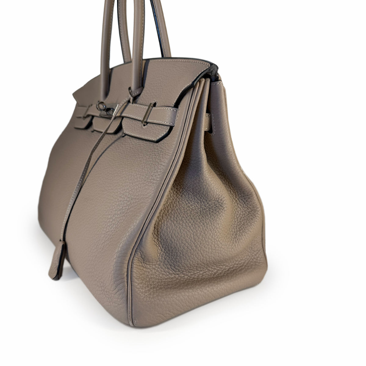 Taupe grained leather luxury handbag with top handles, curated Pre-loved Luxury by Myluxe in Helsinki.