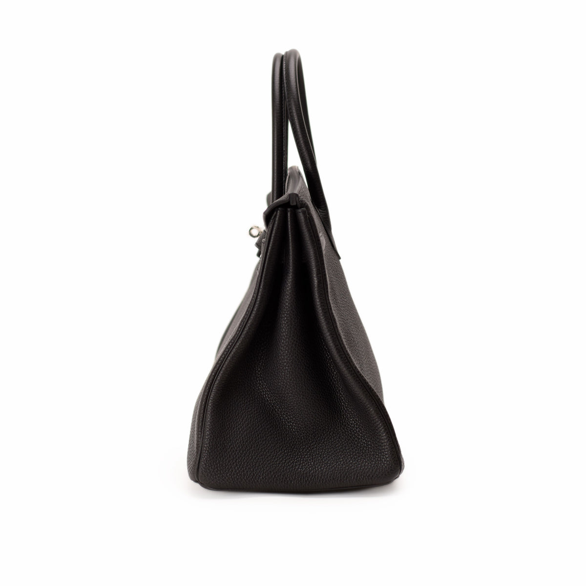 Black grained leather designer handbag with top handles. curated Pre-loved Luxury by Myluxe in Helsinki.