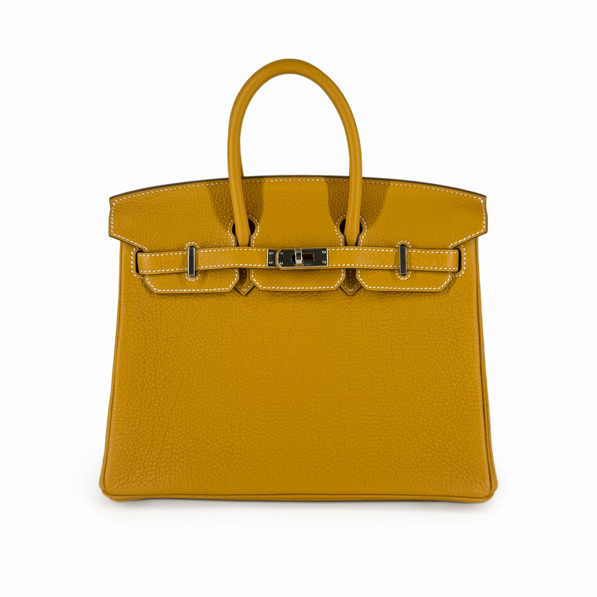 Mustard yellow grained leather top handle handbag, curated Pre-loved Luxury by Myluxe in Helsinki.