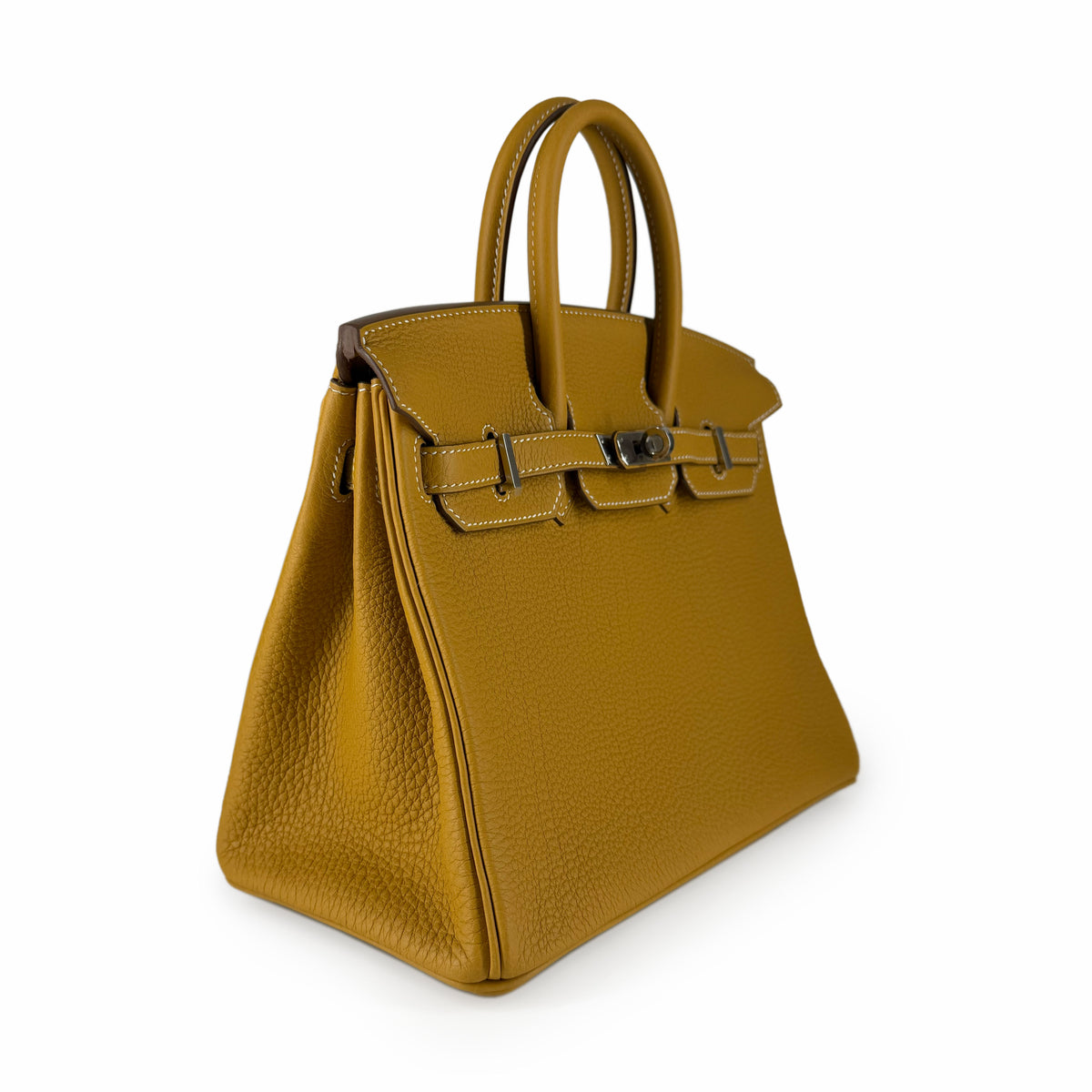 Mustard yellow grained leather luxury handbag with top handles, curated Pre-loved Luxury by Myluxe in Helsinki.