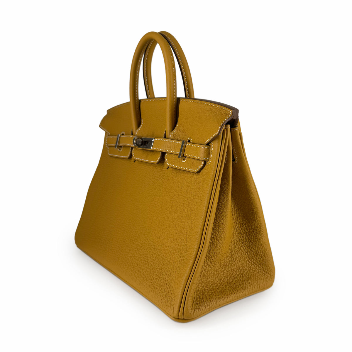 Mustard yellow grained leather luxury handbag with top handles, curated Pre-loved Luxury by Myluxe in Helsinki.