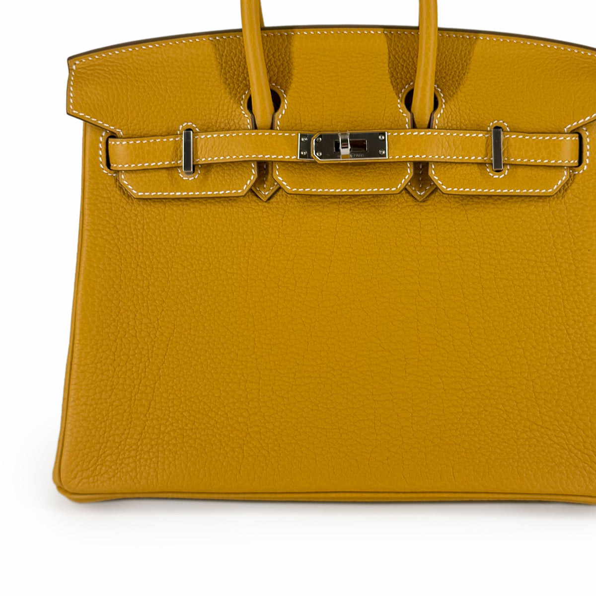 Mustard yellow grained leather designer handbag with silver hardware, curated Pre-loved Luxury by Myluxe in Helsinki.