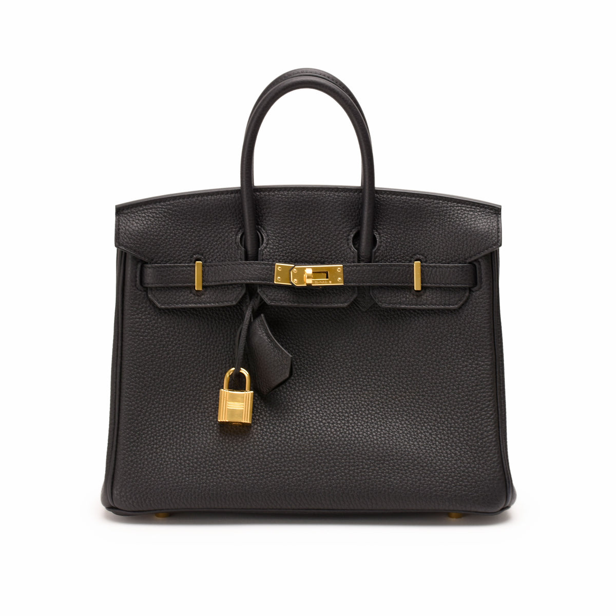 Black grained leather handbag with gold-tone hardware and padlock, curated Pre-loved Luxury by Myluxe in Helsinki.